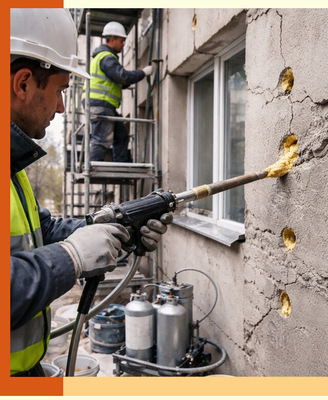 Заполнение пустот в фасаде и утепление стен в Лысьве